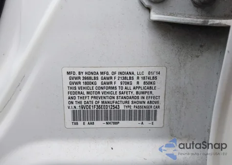 2014 Acura Ilx 2.0L z USA, uszkodzony, nr VIN 19VDE1F36EE012543